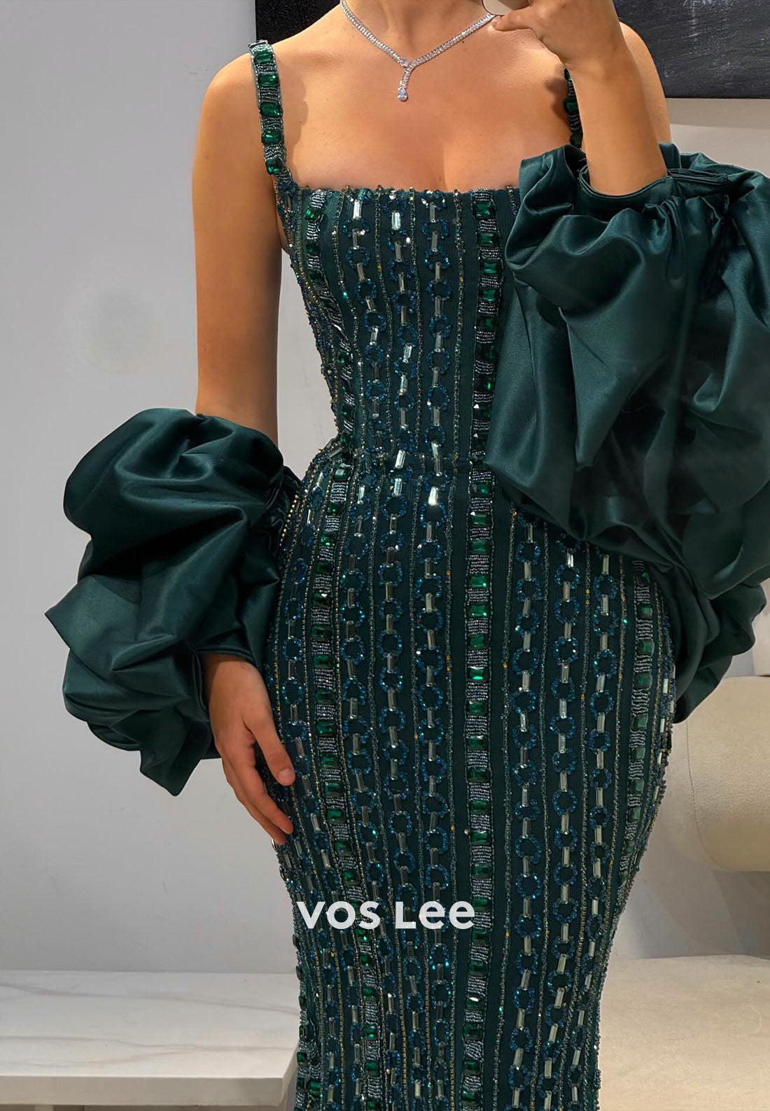 Luxury Emerald Green Square Beaded Evening Dress Prom Dress