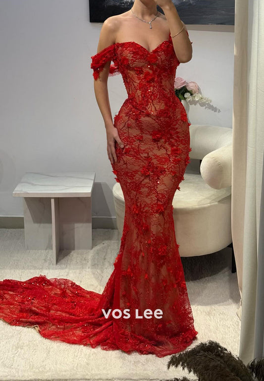 Red Off the Shoulder Sweetheart Flowers Appliques Lace Mermaid Prom Dresses