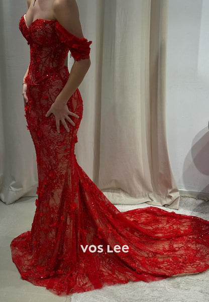 Red Off the Shoulder Sweetheart Flowers Appliques Lace Mermaid Prom Dresses