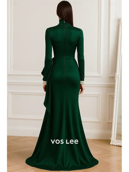 Emerald Green High Neck Satin Evening Gown | Long Sleeve Ruched Mermaid Formal Dress