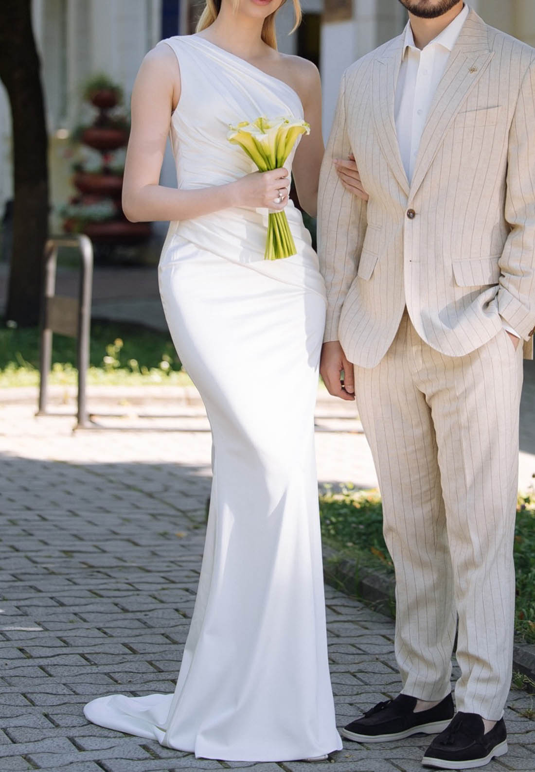 One Shoulder Sleeveless Ruched Wedding Dress