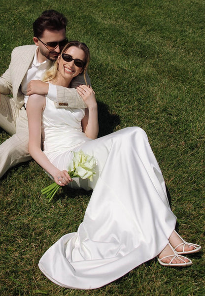 One Shoulder Sleeveless Ruched Wedding Dress