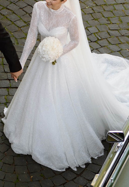 A-Line High Neck Long Sleeves Lace Wedding Dress