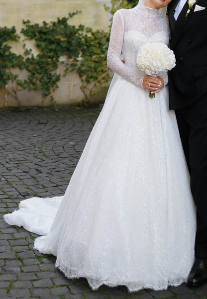A-Line High Neck Long Sleeves Lace Wedding Dress