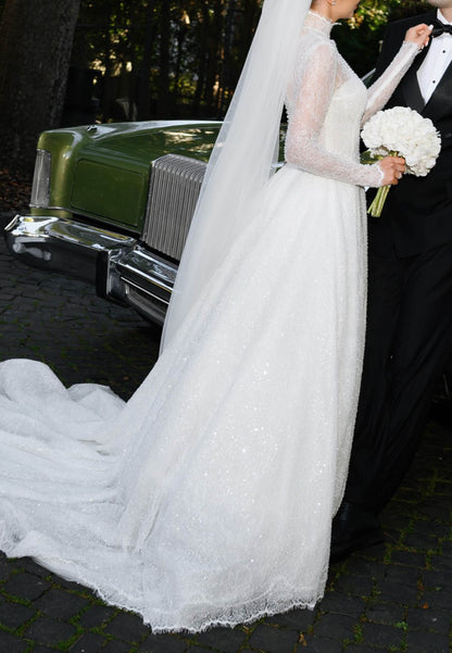 A-Line High Neck Long Sleeves Lace Wedding Dress