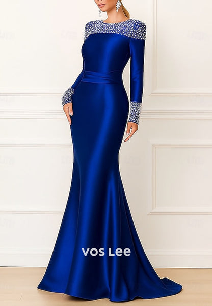 Stunning O-Neck Long-Sleeves Bead Sheath Evening Dress Formal Gowns