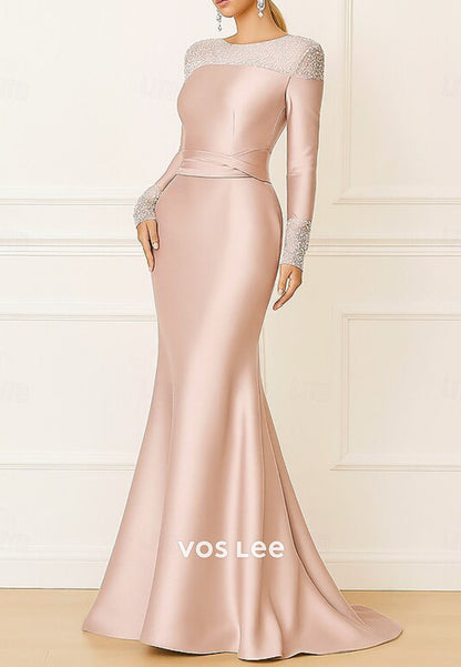 Stunning O-Neck Long-Sleeves Bead Sheath Evening Dress Formal Gowns