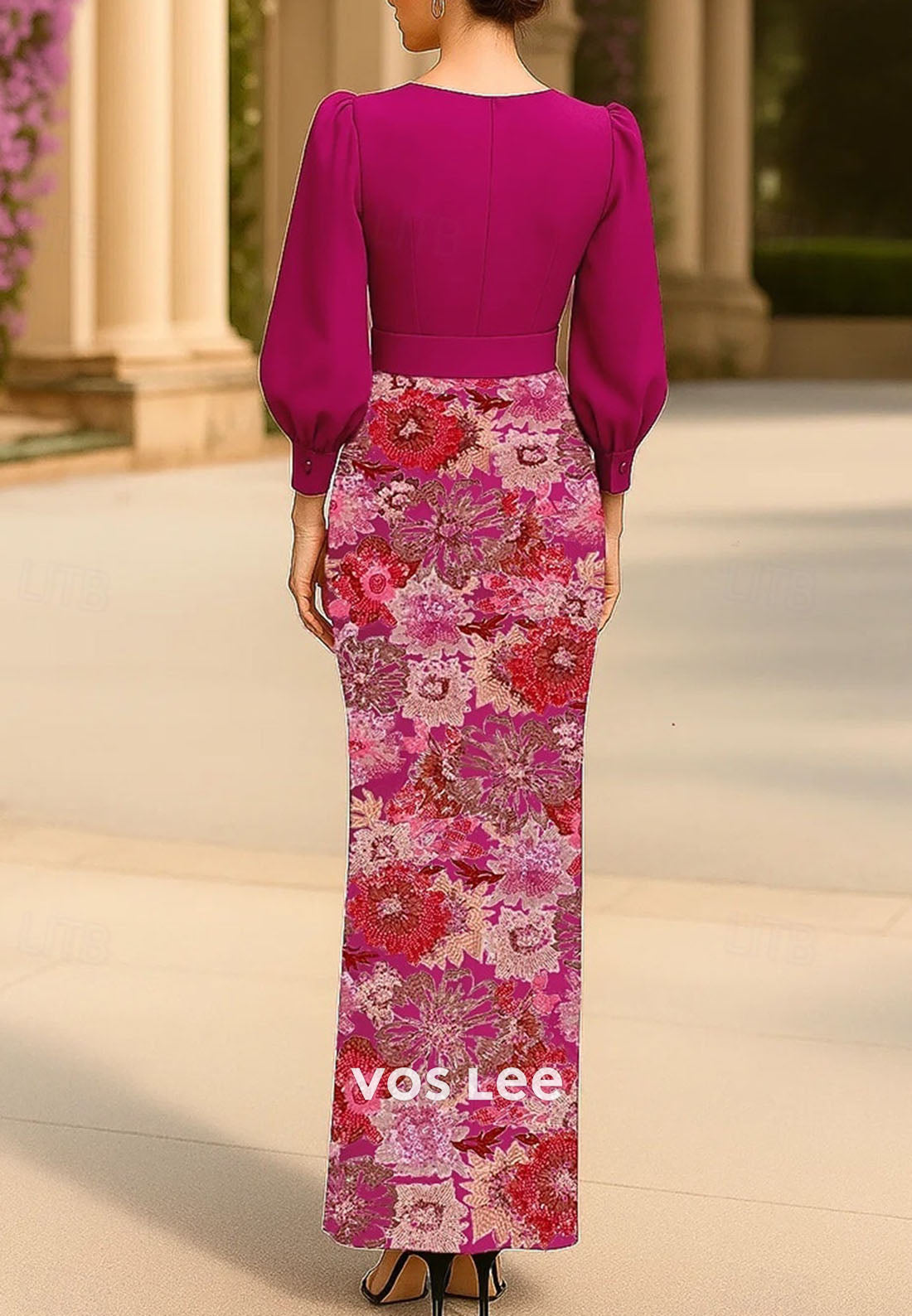 Elegant V-neck Long Sleeves Beading Flowers Sheath Evening Dress Formal Dress