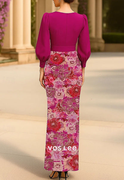Elegant V-neck Long Sleeves Beading Flowers Sheath Evening Dress Formal Dress