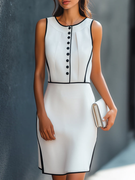 Elegant Contrast Trim Sleeveless Button Detail Dress Wedding Guest Dresses