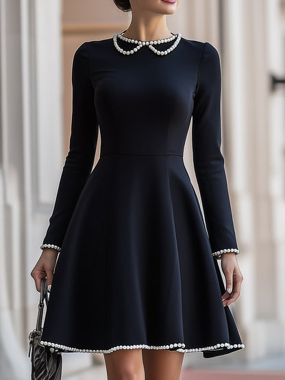 Elegant Black A-Line Dress With Pearl Trim