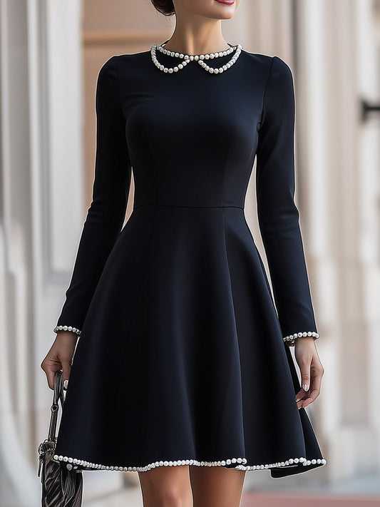 Elegant Black A-Line Dress With Pearl Trim