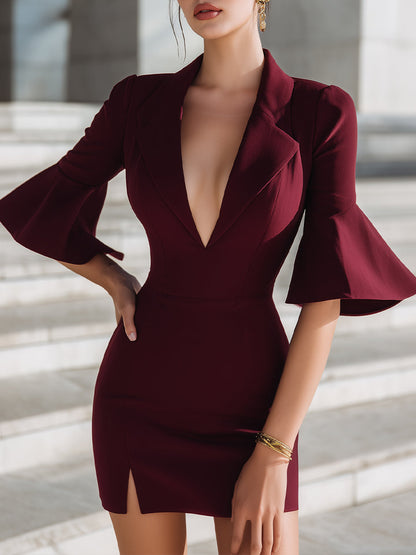 Deep V Ruffle Sleeve Blazer Dress