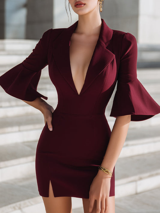 Deep V Ruffle Sleeve Blazer Dress