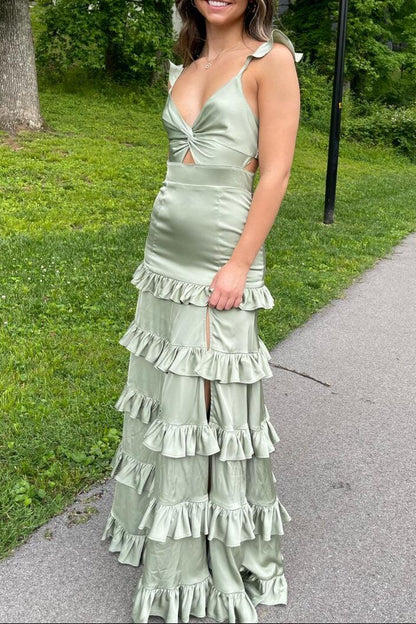 Knotted Sage Ruffles Tiered Maxi Dress