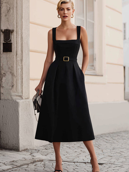 Elegant Square Neck Belted Midi Dress