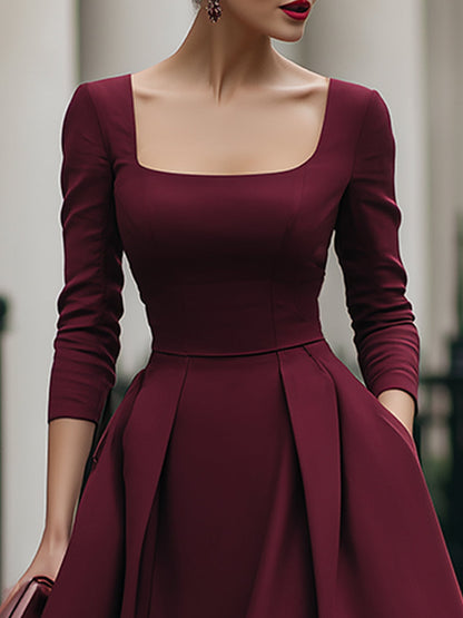 Elegant Square-Neck Plain A-Line Midi Dress
