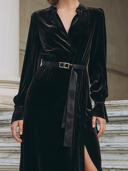 Black Velvet Wrap Dress With Belt