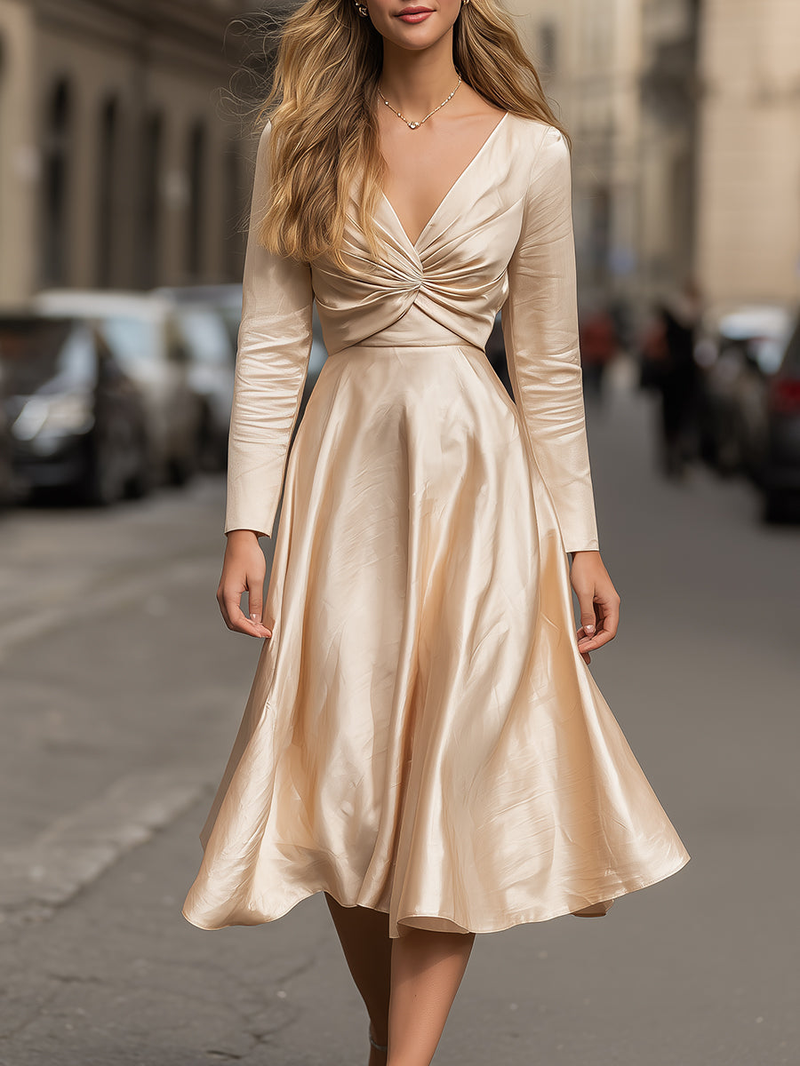 Champagne Satin Twist-Front Midi Dress
