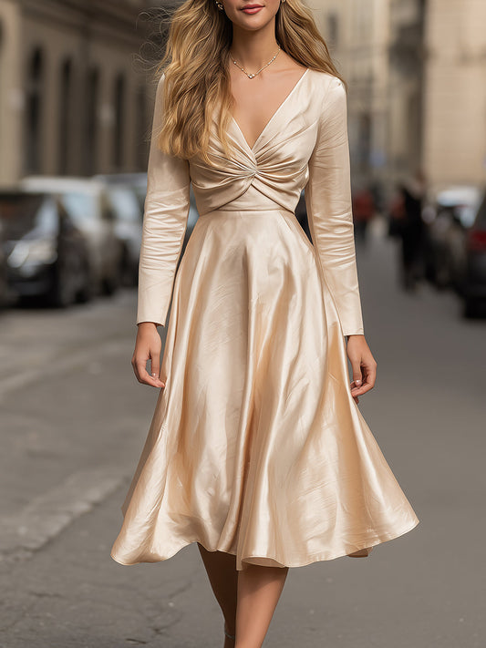Champagne Satin Twist-Front Midi Dress