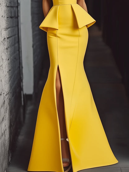 Modern Strapless Yellow Peplum Gown