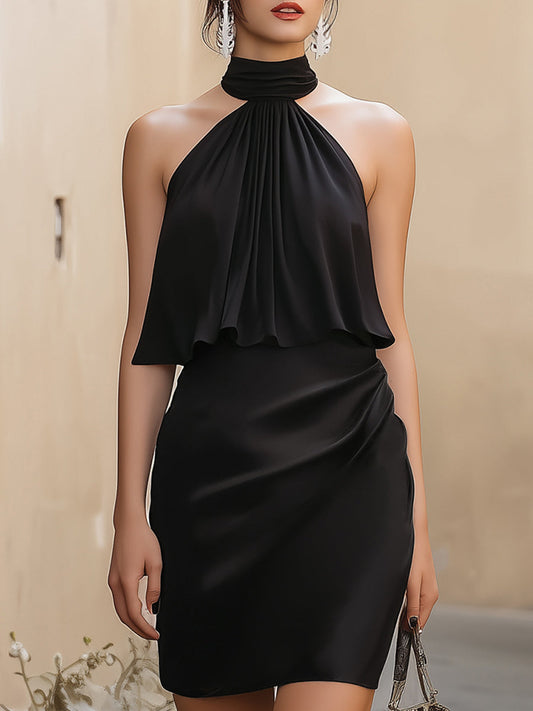 Elegant Black Satin Halter Neck Ruched Mini Dress