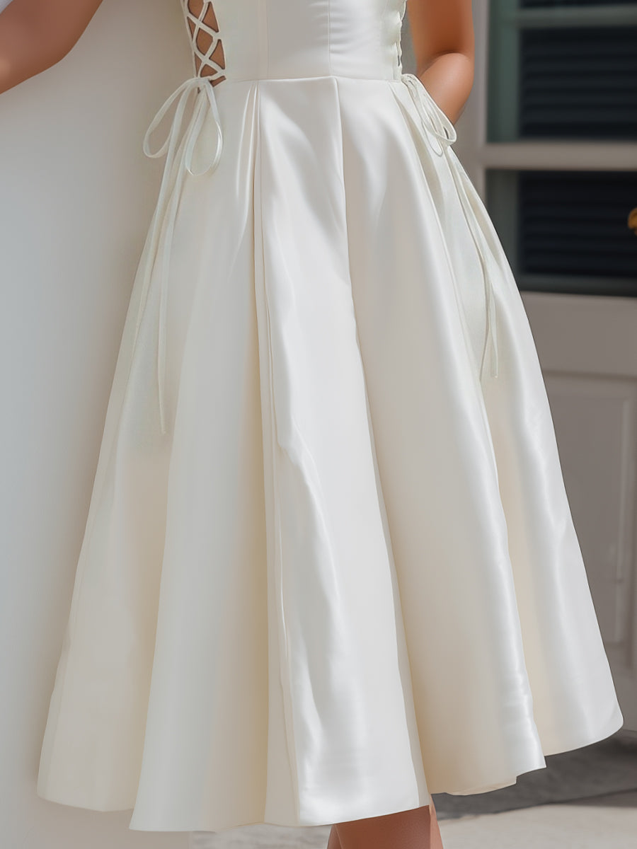 V-Neck Lace-Up Side Satin A-Line Midi Dress