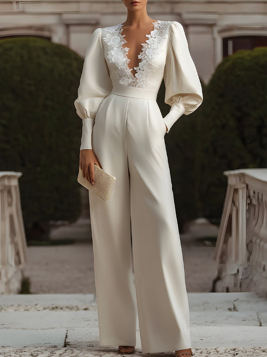 White Lace-Trimmed Jumpsuit With Puff Sleeves