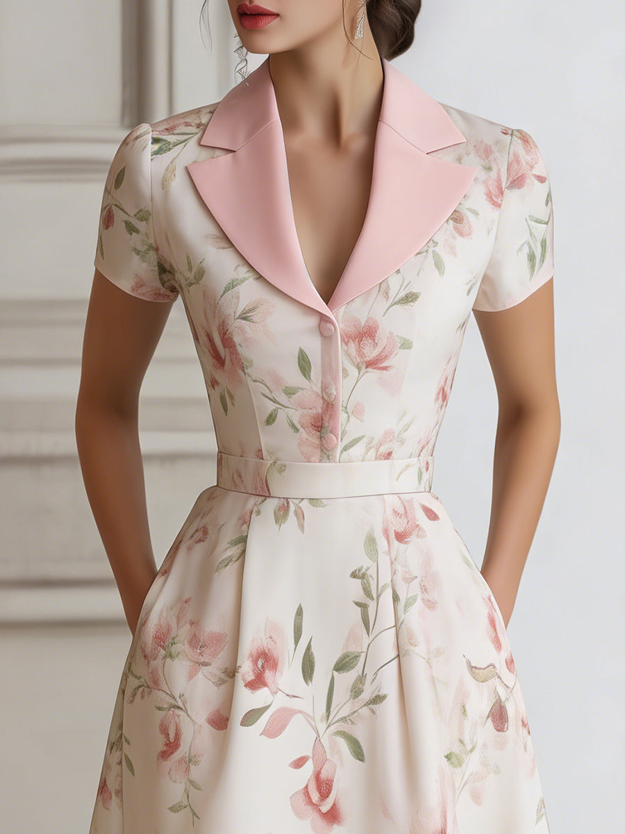 Floral Lapel Short Sleeve Midi Dress With Tailored Waist