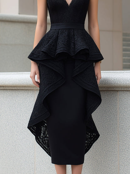Lace Peplum High-Low Hem Sleeveless Midi Dress