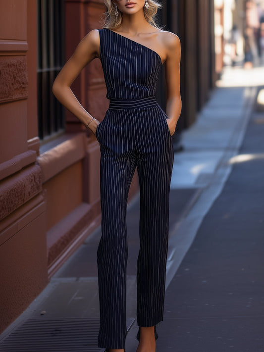 One-Shoulder Black Pinstripe Wide-Leg Jumpsuit