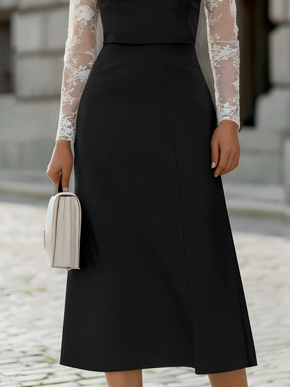 Sheer Lace High-Neck Overlay Midi Dress