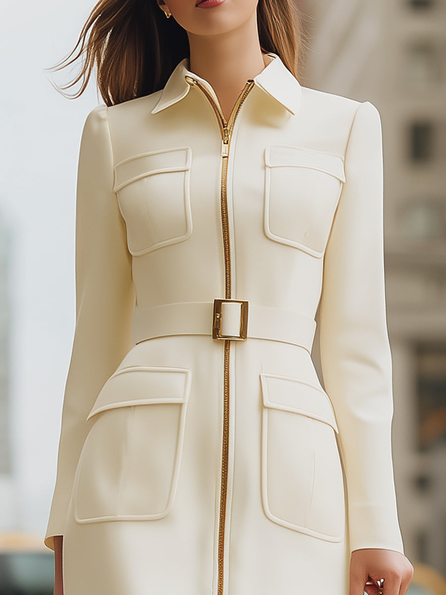 Chic Cream Zip - Front Belted Shirt Dress