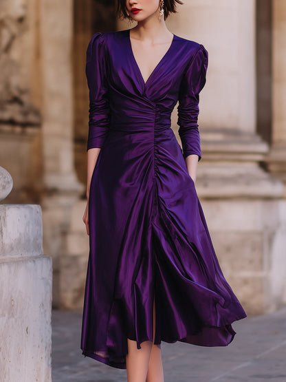 Plum Satin Ruched Wrap Midi Dress