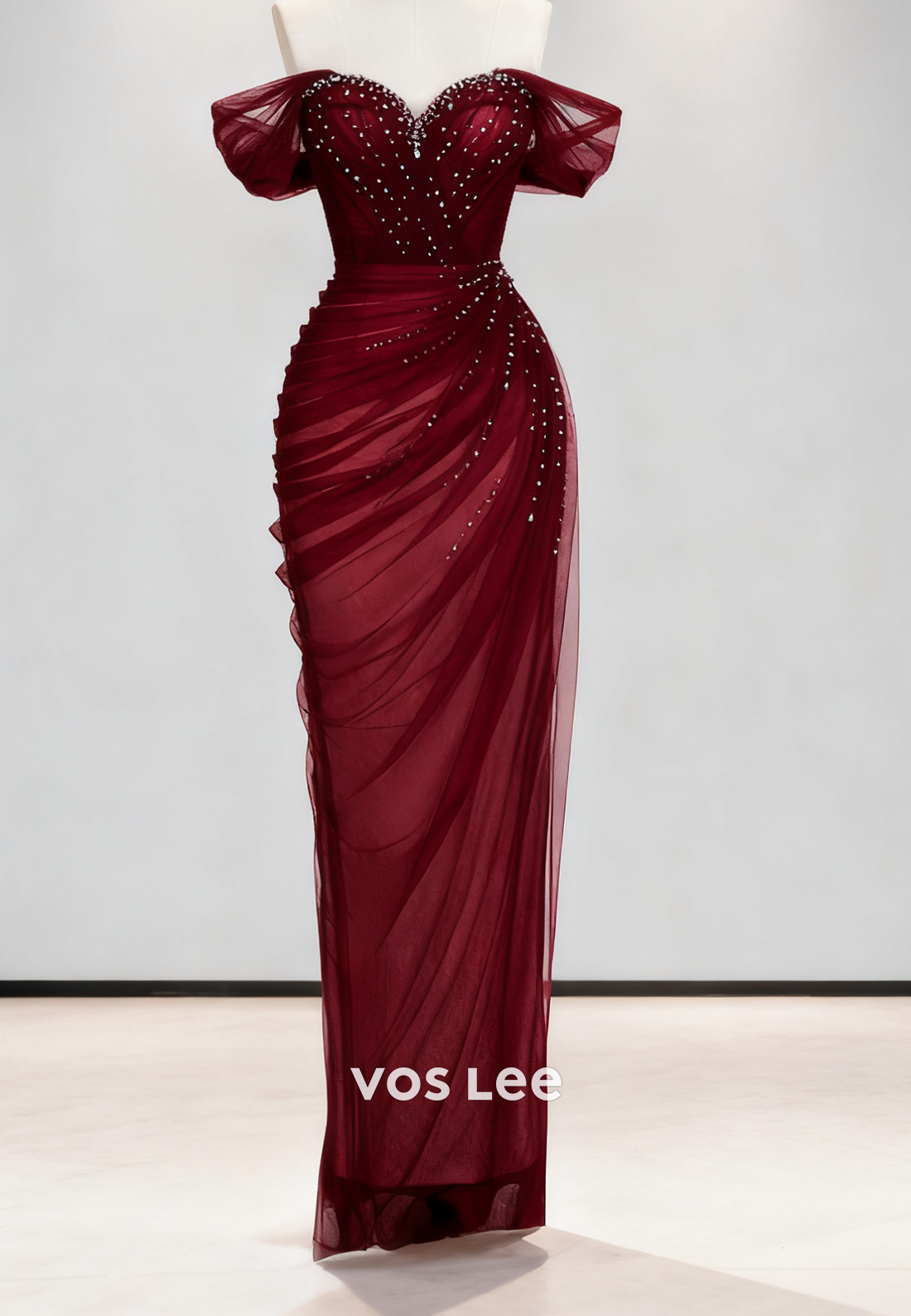 Off the Shoulder Crystals Pleat Evening Gowns