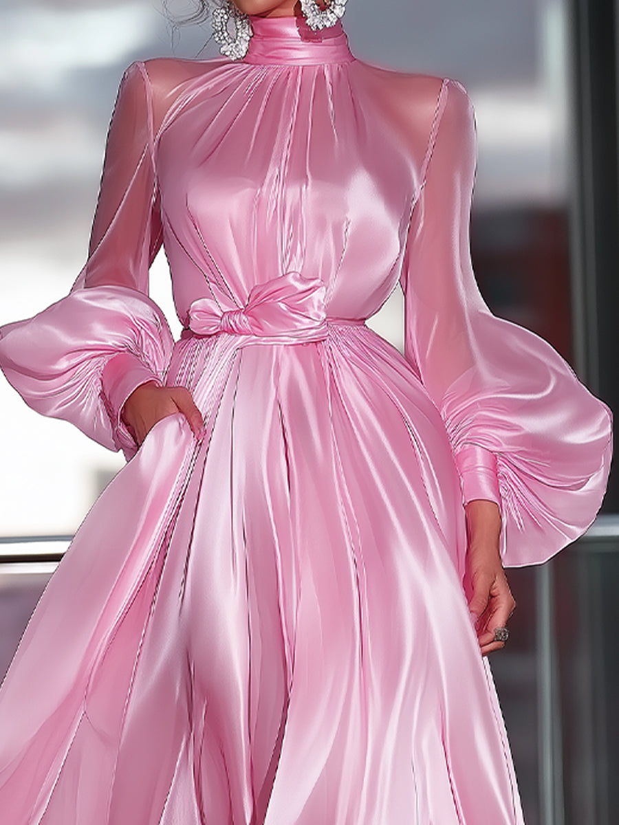pink satin high neck dress Draped Sleek Blushing Pink Satin High Neck Evening Dress