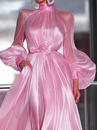 Cute High-Neck Satin Maxi Dress