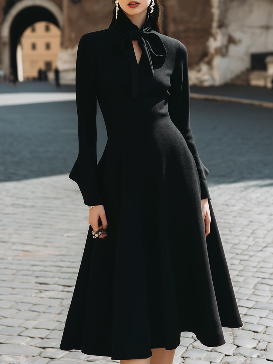 Chic Tie-Neck A-Line Midi Dress