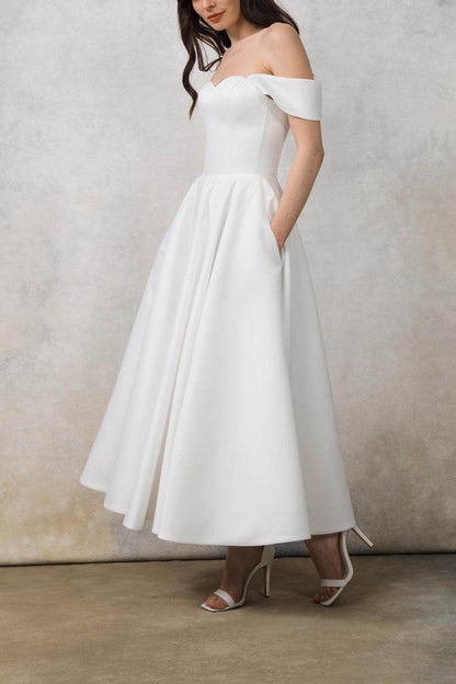 A-Line Off the Shoulder Tea Length Satin Little White Dress
