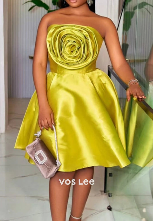 Classic A-Line Strapless Flowers Pleated Homecoming Dresses