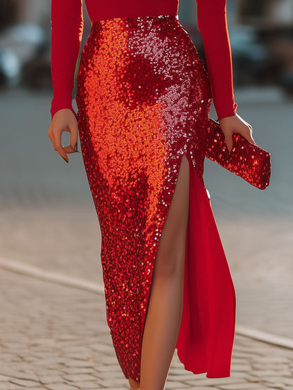 Radiant Red Two-Tone Sequin Midi Dress