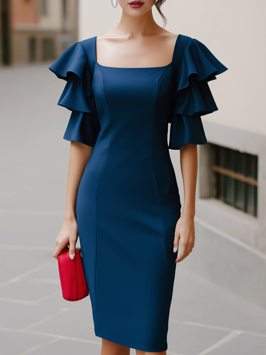 Square Neck Ruffle Sleeve Fitted Midi Dress