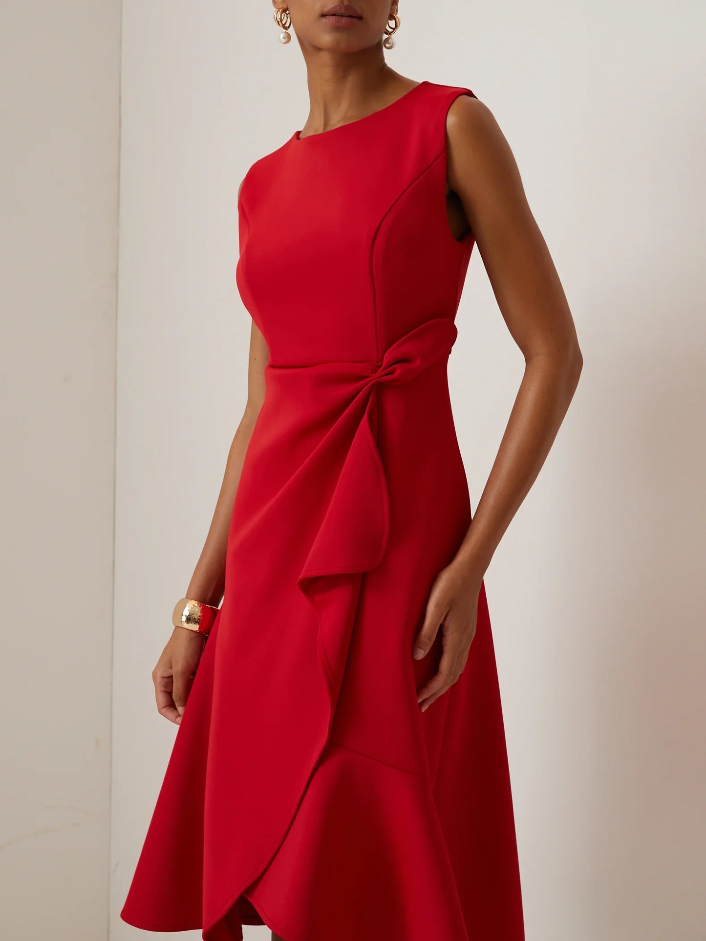 Red Sleeveless Midi Elegant A-line Dress