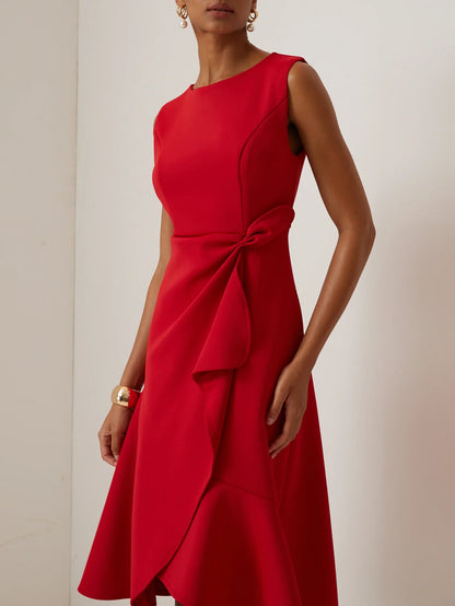 Red Sleeveless Midi Elegant A-line Dress