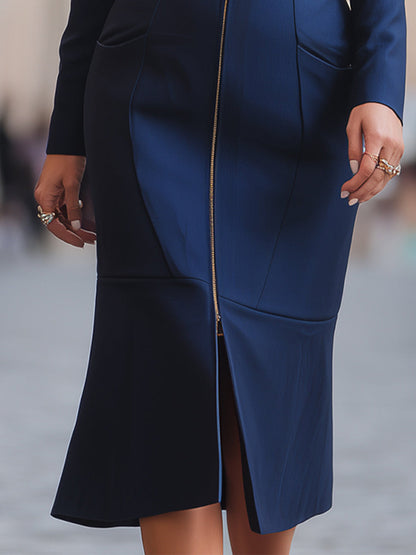 Stylish  Zip-Front Tailored Midi Dress