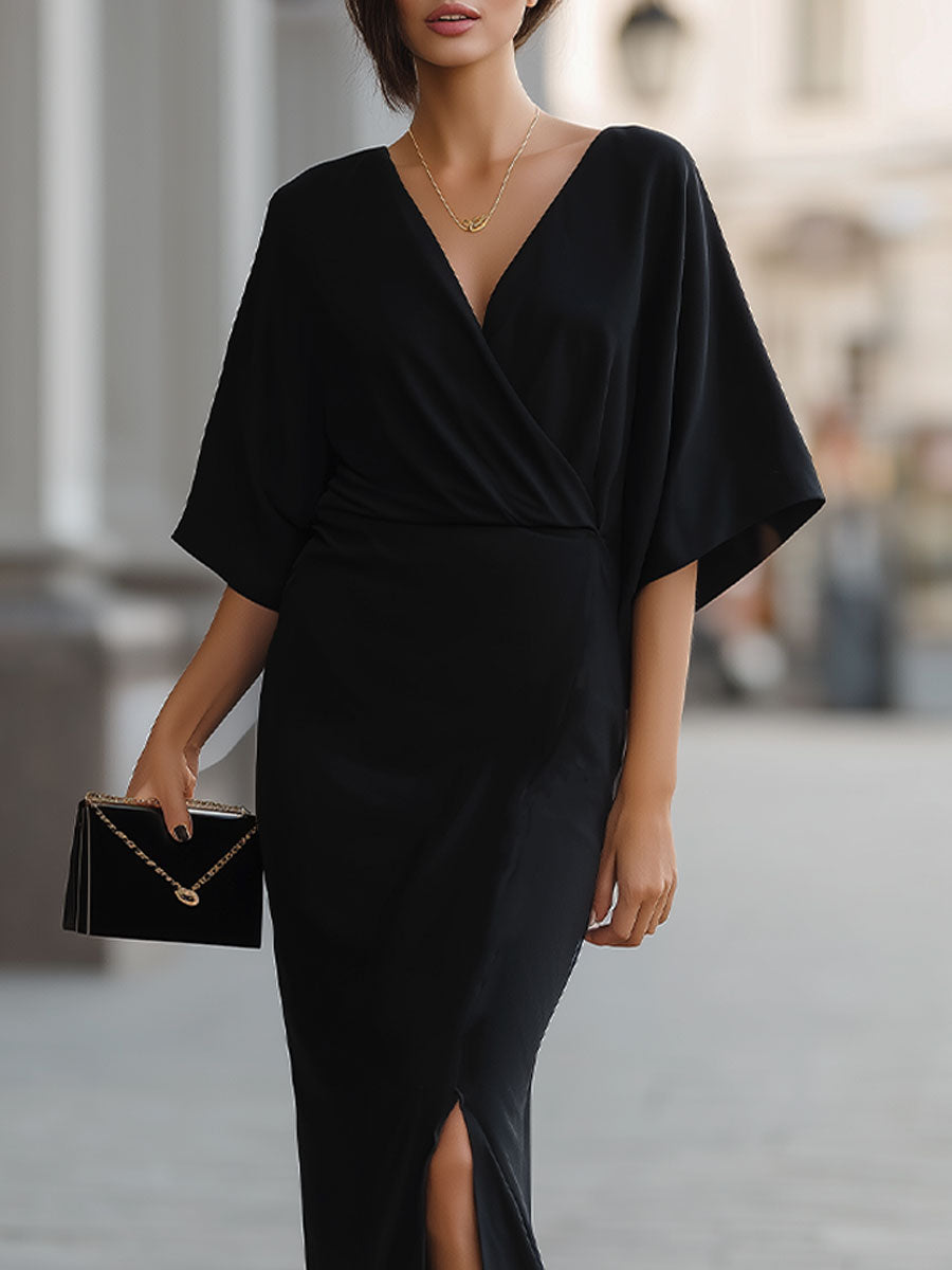 Chic Black  Wrap Dress With High Slit