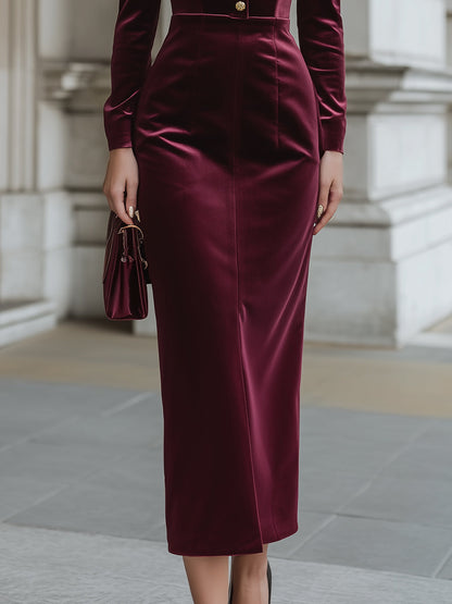 Square Neckline Velvet Long Sleeve Midi Dress