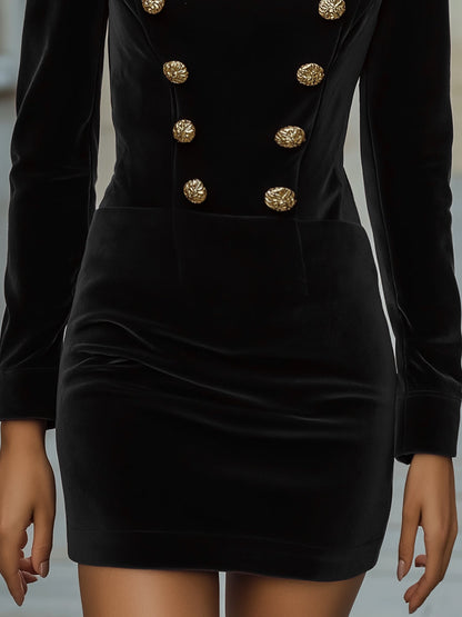 V-shaped Neckline Velvet Double-Breasted Mini Dress