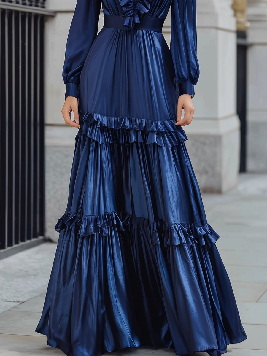 Midnight Elegance Satin Maxi Dress With Ruffled Detailing