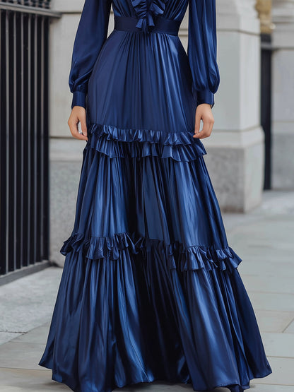 Midnight Elegance Satin Maxi Dress With Ruffled Detailing
